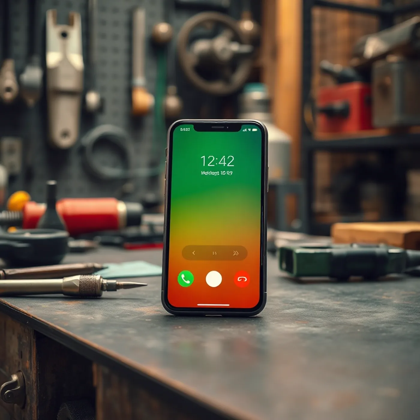Phone with an incoming call on a workbench