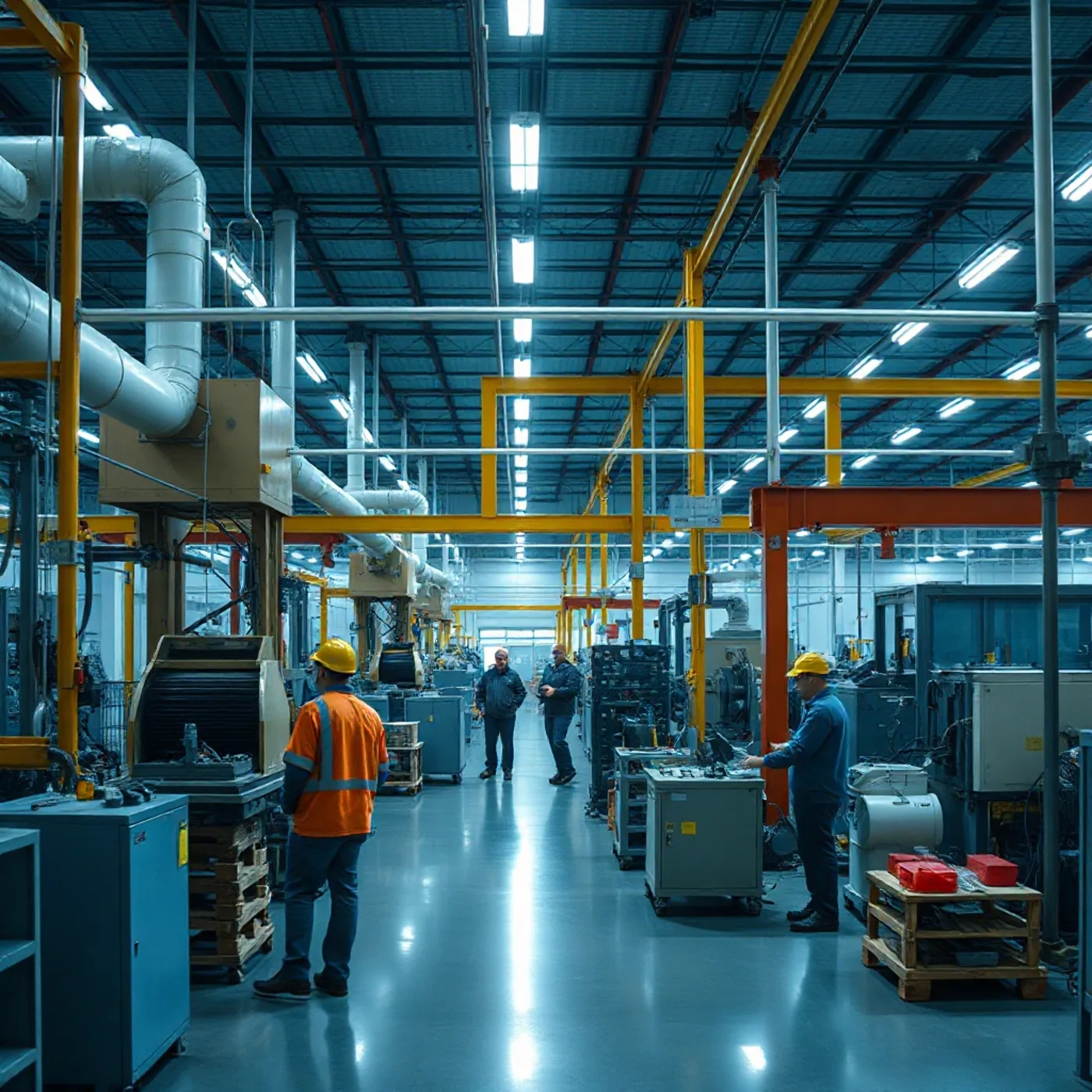 Production hall with heavy machinery and operators
